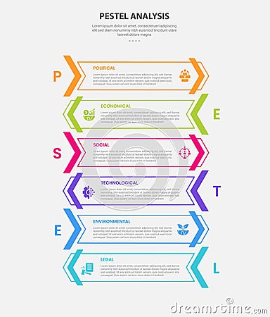 PESTEL analysis infographic outline style with 6 point template with rectangle arrow container vertical stack opposite for slide Stock Photo