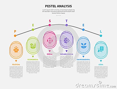 PESTEL analysis infographic outline style with 6 point template with round rectangle vertical on round timeline curve horizontal Stock Photo