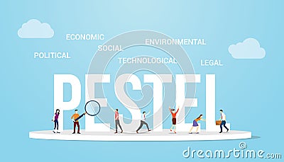 Pestel or political economic social technological environmental legal big word concept with people analysis with modern flat style Vector Illustration