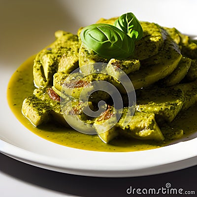 pesto alla genovese served on plate ingredients parmesan basil pine nuts Stock Photo