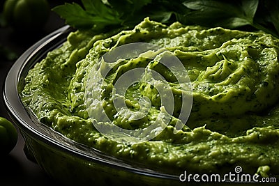 Pesto spread texture background. Green Italian homemade spilled sauce made of ground basil, garlic, pine seeds, olives and Stock Photo