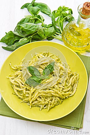 Pesto trofie typical ligurian recipe in green dish Stock Photo