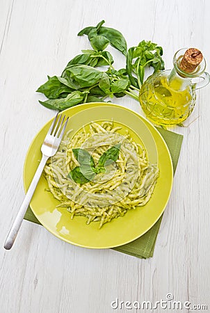 Pesto trofie typical ligurian recipe in green dish Stock Photo