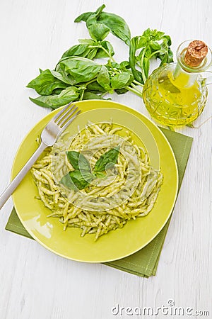 Pesto trofie typical ligurian recipe in green dish Stock Photo