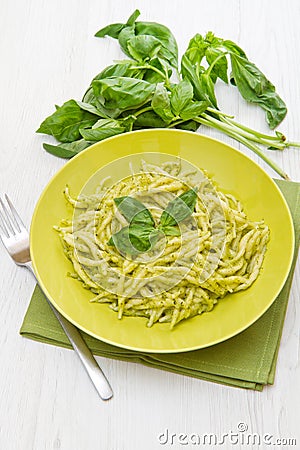 Pesto trofie typical ligurian recipe Stock Photo