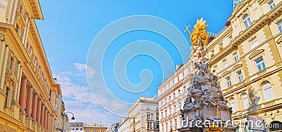 Pestsaule on Graben, a famous pedestrian street of Vienna with a Memorial Plague Column. old town main street in Vienna, capital Stock Photo