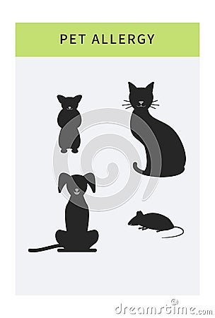 Pet allergy icons set, allergy to animal hair, isolated cartoon allergen symbols like cat, dog, mouse. Vector Illustration