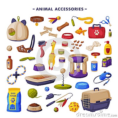 Pet Animal Accessories Big Set, Cats and Dogs Products, Food, Toys, Veterinary Medicines, Accessories for Care, Cartoon Vector Illustration