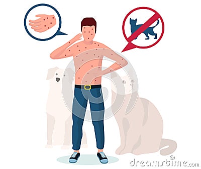 Pet animal allergy. Man suffering from rash, hives, eczema, itchy skin, vector illustration. Allergic dermatitis. Cartoon Illustration