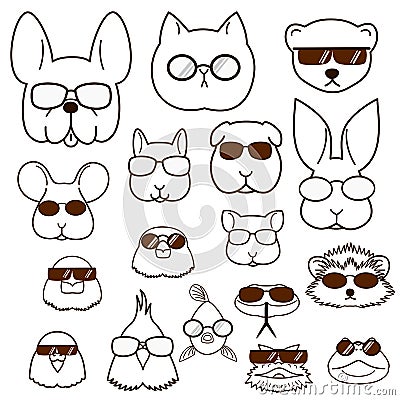 Pet animals faces with glasses set Vector Illustration