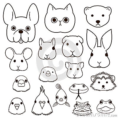 Pet animals faces line art set Vector Illustration