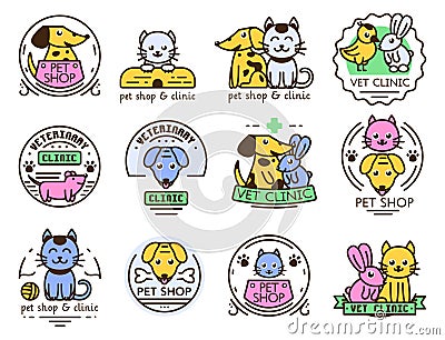 Pet badge vector graphic sticker set domestic insignia cat dog veterinary animal sticker illustration Vector Illustration