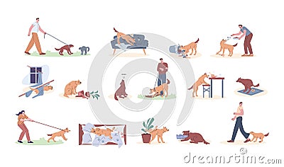 Pet behavior problems. Dogs destroying home, aggressive and naughty pets. Dog pulling leash and barking, whining at Vector Illustration