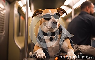 Pet brutal dog rides in a subway car using a mobile phone, sitting on a seat in sunglasses. Generative AI Stock Photo