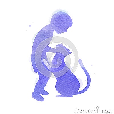 Pet care. A Boy playing with cat silhouette on watercolor background. The concept of trust, friendship . Digital art painting Vector Illustration