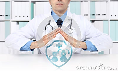 Pet care concept veterinarian hands with animal icons Stock Photo