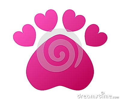 Pet care icon in love symbol in animal footprint. Pet shop logo template or store signboard. Dog`s paw in the shape of a heart. Vector Illustration