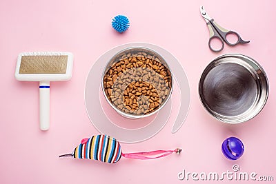 Pet, cat, food and accessories of cat's life flat lay, on a pink background. Background for design Stock Photo