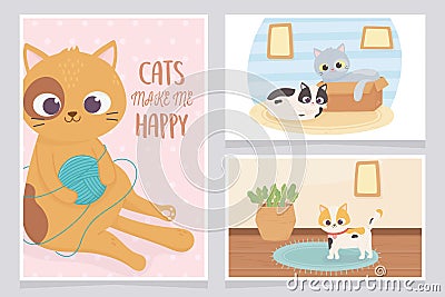 Pet cats make me happy with wool ball box room carpet cartoon Vector Illustration