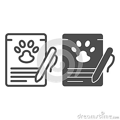 Pet checklist and pen line and solid icon, animal hospital concept, Veterinary pet health card sign on white background Vector Illustration