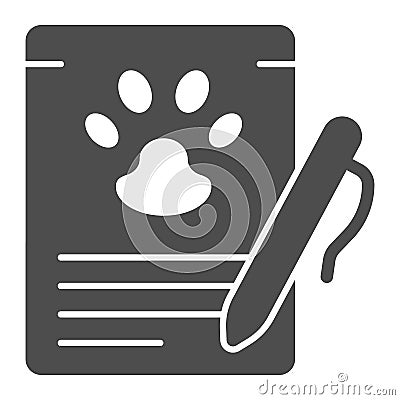 Pet checklist and pen solid icon, animal hospital concept, Veterinary pet health card sign on white background, Medical Vector Illustration