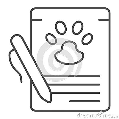 Pet checklist and pen thin line icon, animal hospital concept, Veterinary pet health card sign on white background Vector Illustration