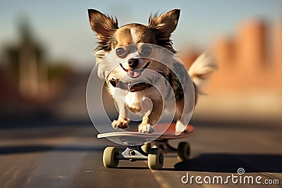 Pet chihuahua on a skateboard, showcasing its funny and entertaining side Stock Photo