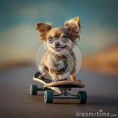 Pet chihuahua on a skateboard, showcasing its funny and entertaining side Stock Photo