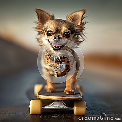 Pet chihuahua on a skateboard, showcasing its funny and entertaining side Stock Photo