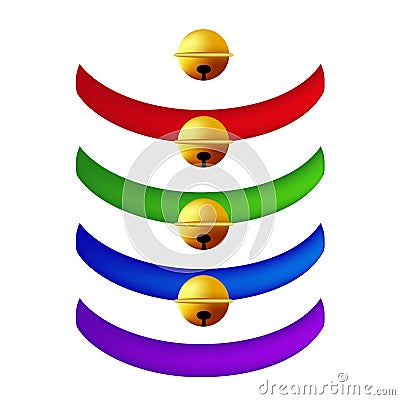 Pet Collar with Golden Ball Collection. Red, Green, Blue, Purple Belts. on White Background. Vector Illustration