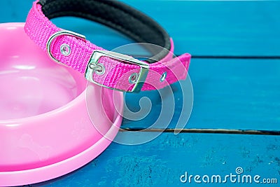 Pet collars and Bowls of pink on wooden background. Stock Photo