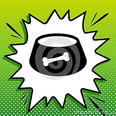 Pet dog bowl sign. Black Icon on white popart Splash at green background with white spots. Illustration Stock Photo