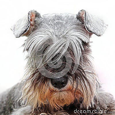 Dog looking through long hair Stock Photo