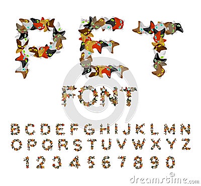 Pet font. Cat alphabet. letters of cats. Pets typography Vector Illustration