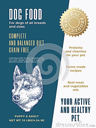Pet Food Product Label Template. Abstract Vector Packaging Design Layout. Modern Typography Banner with Hand Drawn Husky Vector Illustration