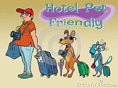 pet friendly hotel. Recreation for tourists with animals. Travel and tourism Vector Illustration