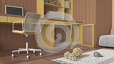 Pet friendly yellow and wooden corner office, desk with chair, bookshelf and dog bed with pillow and gate. Bookshelf and carpet Stock Photo