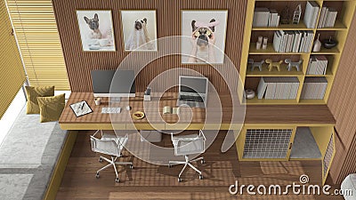 Pet friendly yellow and wooden corner office, desk with chairs, computers, bookshelf, dog bed with gate. Window and parquet. Stock Photo