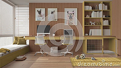 Pet friendly yellow and wooden corner office, desk with computers, bookshelf, dog bed with gate. Window with sofa and parquet. Stock Photo