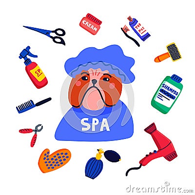 Pet grooming concept. Dog spa. Bulldog shower cap with grooming elements comb, shampoo, hand dryer etc. on white Vector Illustration