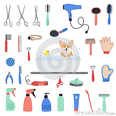 Pet grooming tools set. Dog and cat care, grooming, hygiene, health. Corgi dog bath Vector Illustration