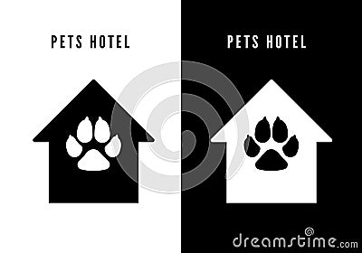 Pet hotel icon. Black house with dog footprint. Logo for pet hotel. Vector Vector Illustration