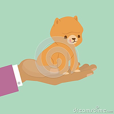 Pet kitten for gift, cute cat on hand for present or adopt pet concept vector illustration. Vector Illustration