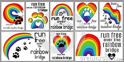 Pet loss card set, run free over the rainbow bridge vector illustration Vector Illustration