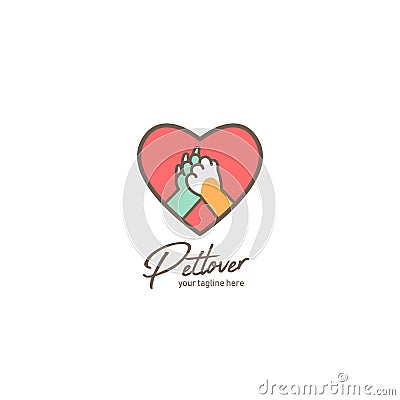 Pet lover logo, pet shop or shelter logo with dog and cat paw hi five inside love amour icon Vector Illustration