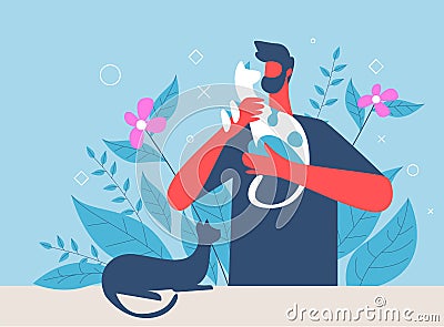 Pet lover vector illustration concept, a man taking care pets in home Cartoon Illustration