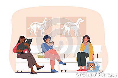 Pet Lovers with Animals Waiting in Veterinary Clinic Queue Sit on Chairs in Hospital with Pets. Characters in Vet Clinic Vector Illustration