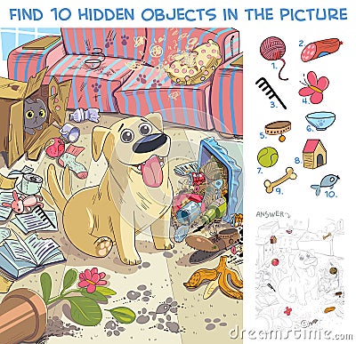 Pet made a mess in the house. Find 10 hidden objects Vector Illustration