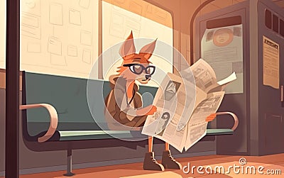 Pet old dog rides in a subway car, sitting on the seat and reading a newspaper. Generative AI Stock Photo