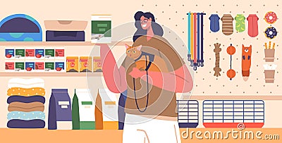 Pet Owner Female Character Browsing Shelves, Selecting Food For Cat In A Bustling Pet Store. Gentle Purrs Fill The Air Vector Illustration